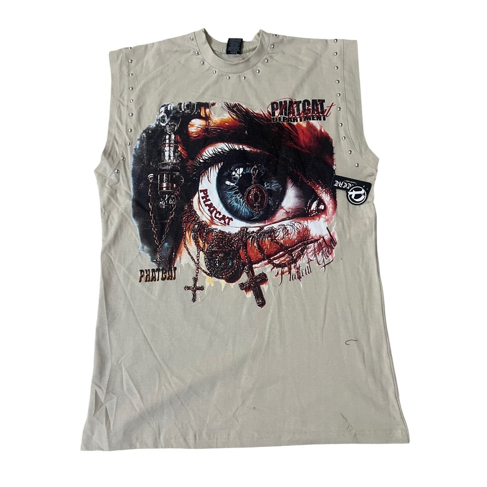 PHATCAT Muscle Tee Men Medium Tan Excellence Studded Graphic Eye Tattoo Quote